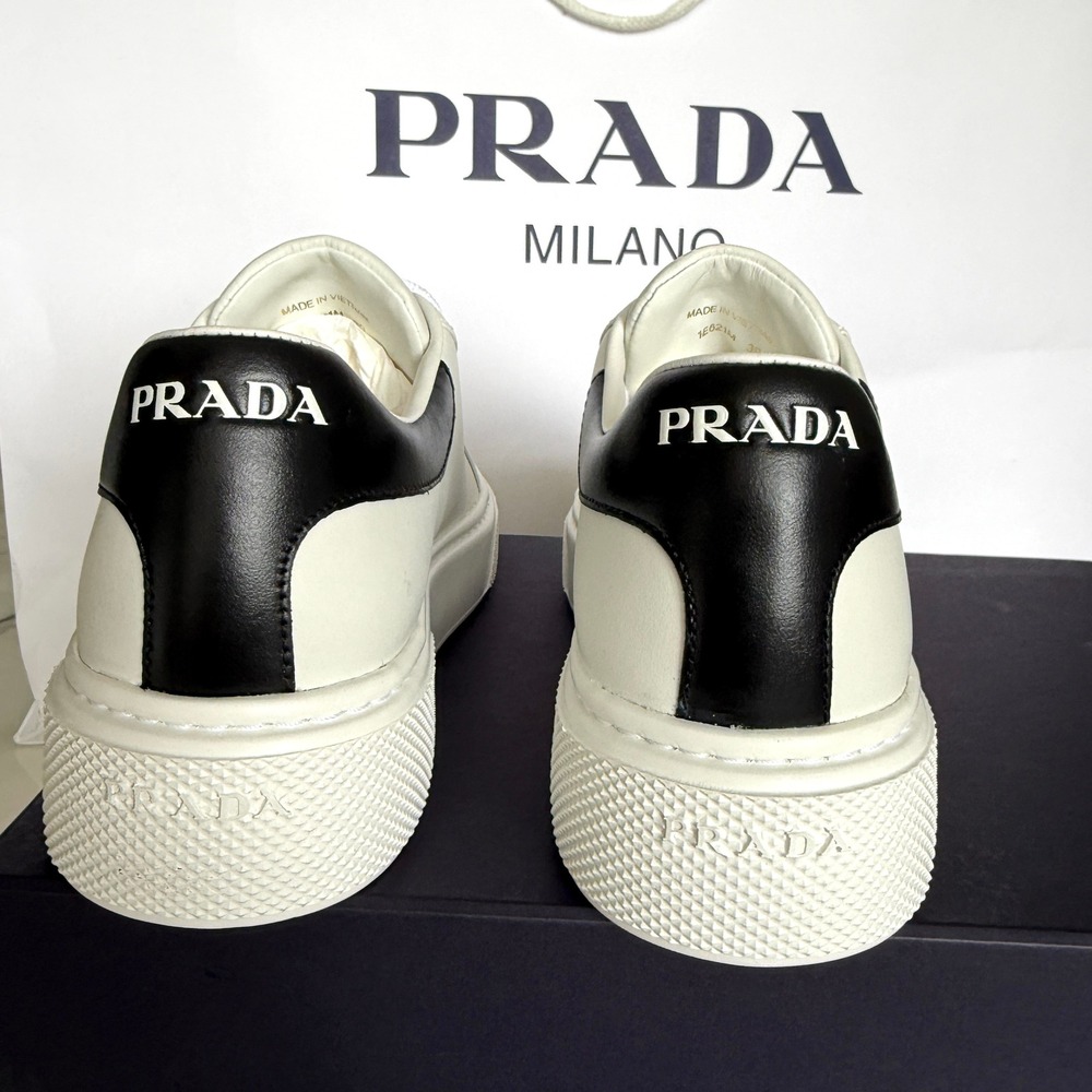 Prada 1E621M Womens Macro Logo White/Black Leather Low Top Sneakers shoes Eur 39 - Picture 9 of 11